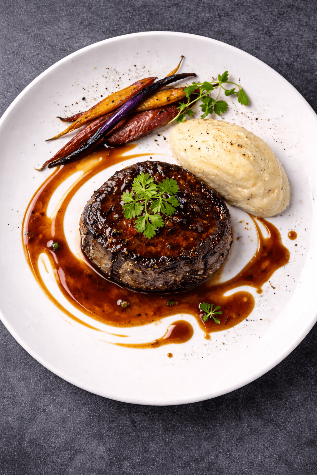 Filete mignon con puré de papa y zanahorias heritage — vista cenital