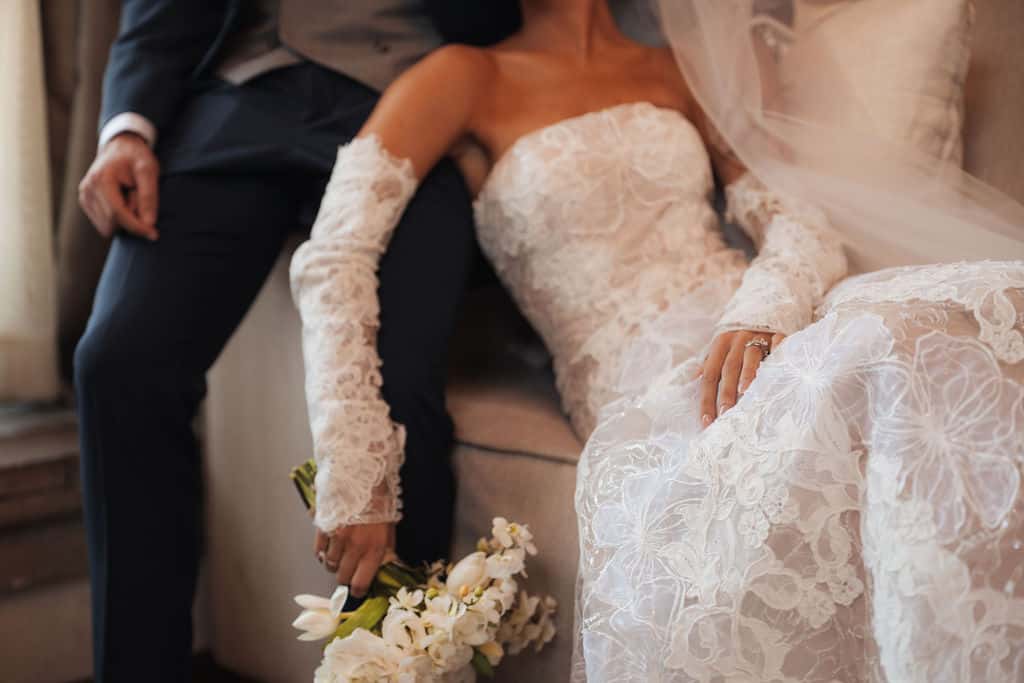 Bride posing in the living room of the Bride's House