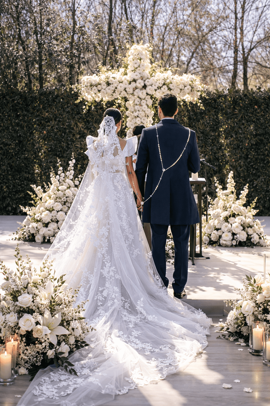 Bride and groom in front of a white flower cross during the religious ceremony