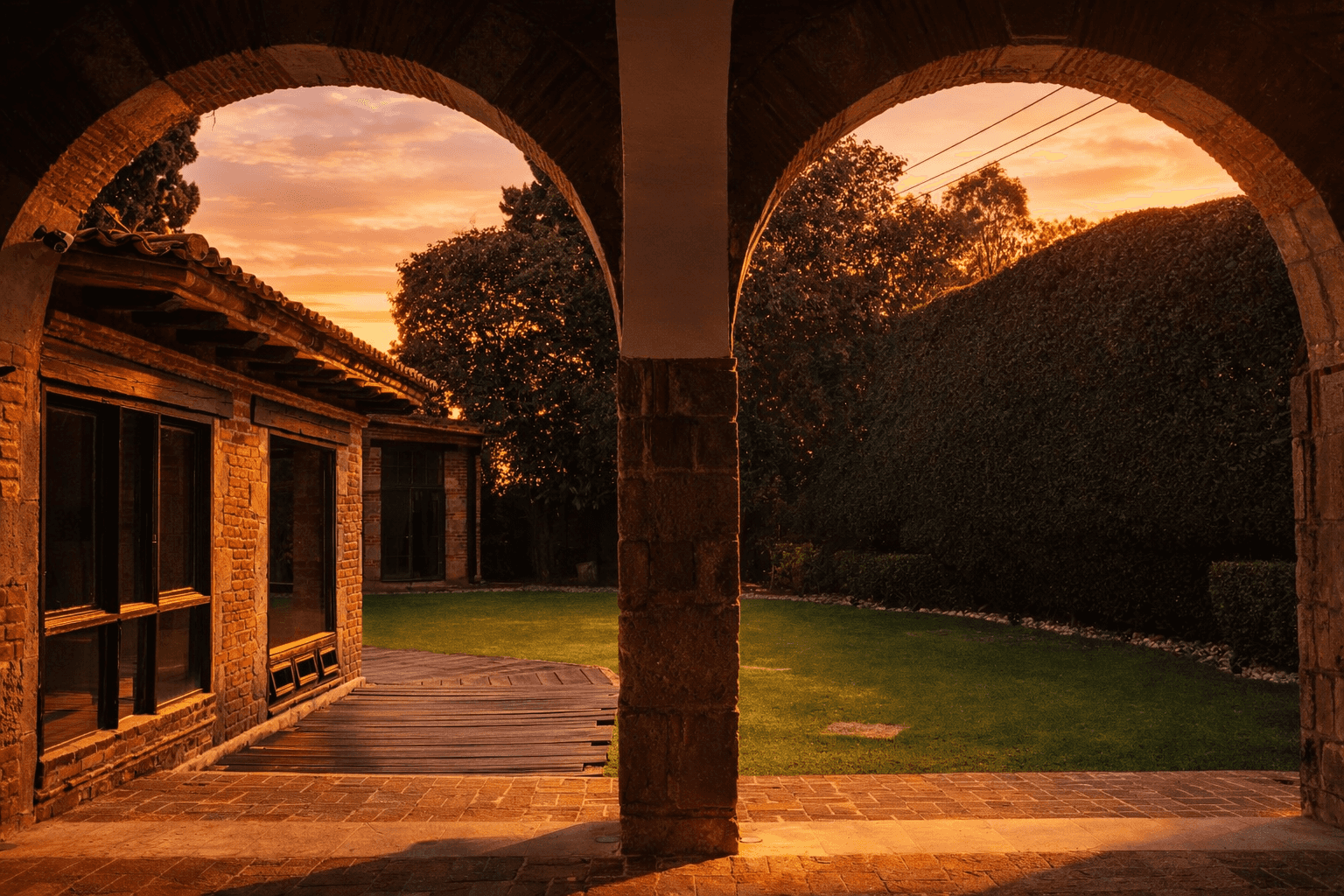 Colonial arches with garden view at dusk