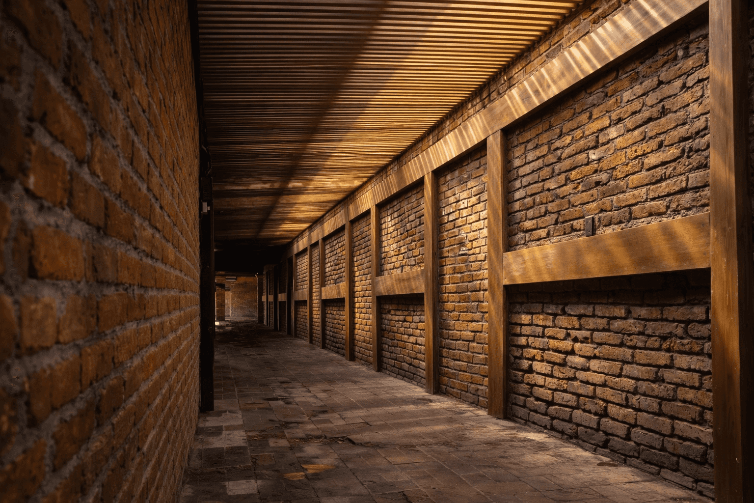 Brick corridor with golden light